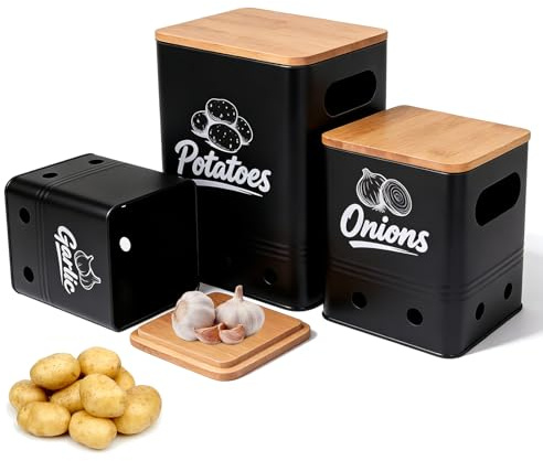 CheurYae 3-pack grönsaksförvaringsbehållare, potatislök vitlök förvaring stapelbara behållare, svart metall grönsak färsk behållare caddie med luftningshål och trälock (svart)