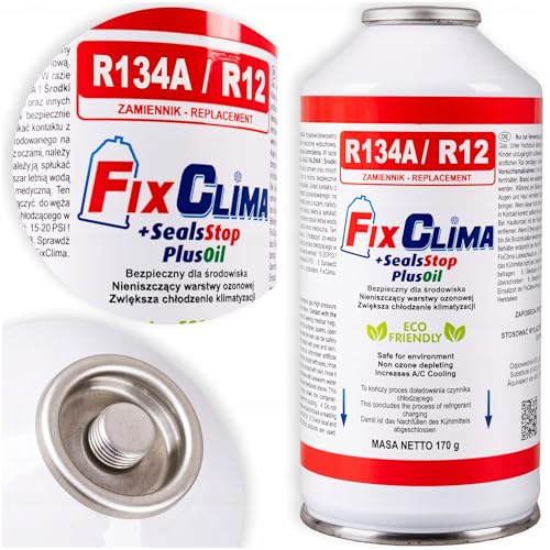 FixClima R134a/R12 3 en 1 – Recambio de gas para aire acondicionado de coche con PlusOil & SealsStop – Mejor rendimiento de refrigeración y sellador