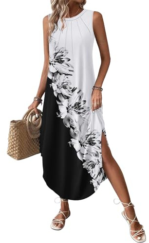 Zeagoo Summer Dresses for Women Elegant Crew Neck Sundress Sleeveless Beach Floral Dress Casual Loose Long Dresses with Pockets Black White Flower L
