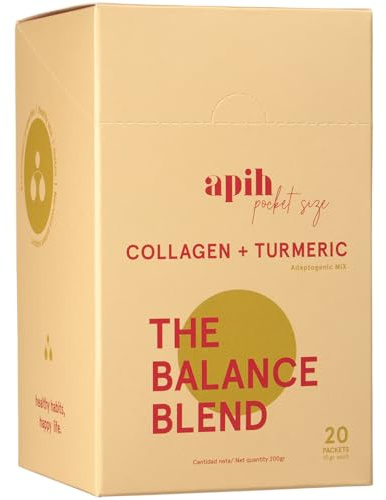 APIH Balance Blend Collagen + Turmeric, collagène hydrolysé + poudre de curcuma, pour la peau, les cheveux et les ongles, peptides de collagène bovin, sans sucre ni gluten, 10 g par sachet