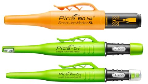 Pica Allround‑Set | Set profesional de marcado con Pica Dry 3030, Fine Dry 7070 y Pica Big Ink negro | Marcador de agujeros profundos | Para profesionales y bricolaje