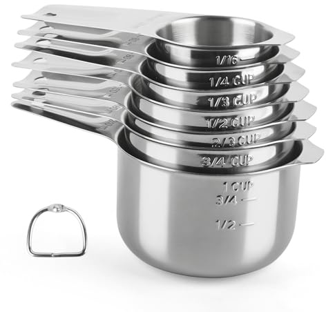 Bafutayawa Steel Measuring Cups, Juego de 7 piezas de tazas medidoras apilables, Tazas medidoras de metal con marcas fáciles de leer, Para ingredientes secos y líquidos, Utensilio de cocina