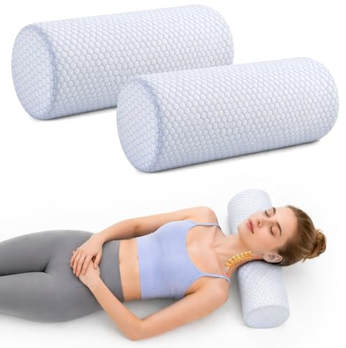 HFZCV 2er Set Nackenrolle mit Memory Schaum, 40x15cm Orthopädisches Nackenkissen zur HWS Entlastung, Ergonomisches Rundkissen für Schläfer und Yoga, Waschbarer & Atmungsaktiver Bezug, Blau/Weiß