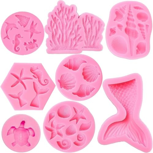Tazuxetuqe Stampo per torta a tema sirena con coda di sirena, conchiglia, alghe e coralli, stampo in silicone per topper per cupcake, per caramelle, cioccolato, fondente, argilla polimerica e fai da