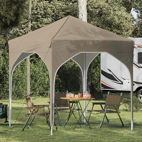 GeenYuu Pop-up festtält av 210D oxfordtyg krämfärgat 194 x 194 x 245 cm justerbar höjd med bärväska och vindsegel för trädgård terrass utomhus fester väderbeständigt stabilt