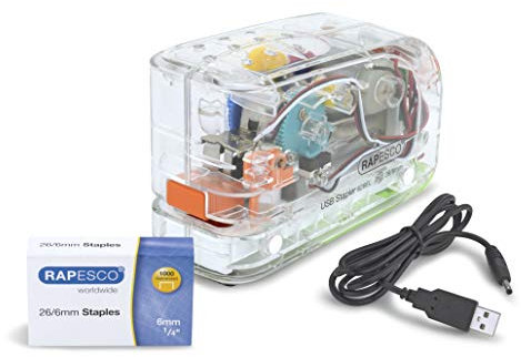 Rapesco 1450 626EL Cucitrice Automatica USB/Batteria con 1000 Punti 26/6mm, Capacità 15 Fogli, Trasparente
