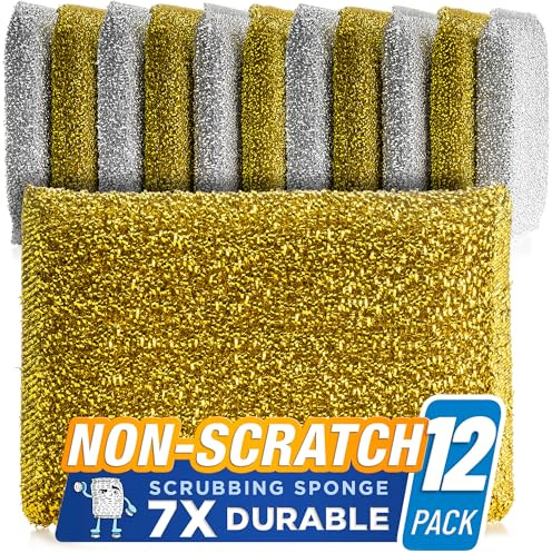 SPONGENATOR Kitchen Scrubbing Sponges - Heavy Duty Non-Scratch Scrubbing Cleaner Sponges in 2 Colors - Multi-Surface Non-Metal Dish Scouring Scrubbers for Fast Cleaning (Gold & Silver, 12)