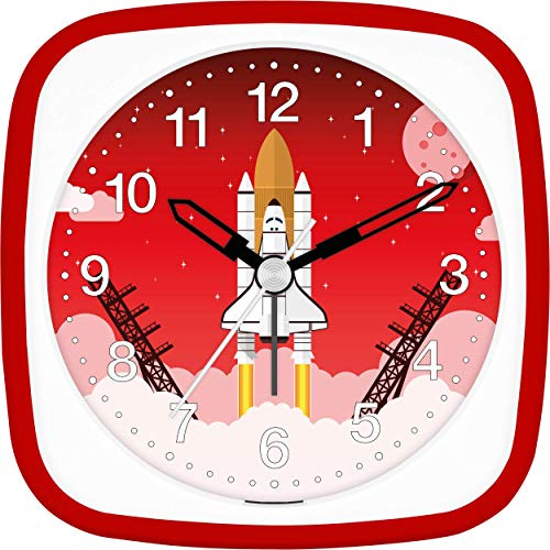Eurotime Wecker Jungen Rakete Space Shuttle, Kinderwecker, Rot, Kunststoffgehäuse und Kunststoffglas, geräuscharmer Wecker, ohne Ticken, mit Licht und Weckwiederholung, 27133-01