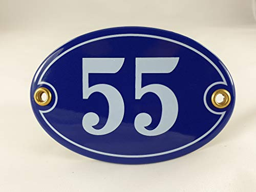 Emaille Hausnummer Schild Nr. 55, oval, Blau-Weiß Handarbeit