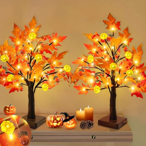 TURNMEON Fall Decor 2 Pack 18 Inch Prelit Fall Maple Tree Fall Decorations for Home with 48 LEDs Timer Battery Operated Pumpkin Lights 6 Acorn Lighted Thanksgiving Halloween Decor Table Indoor Outdoor