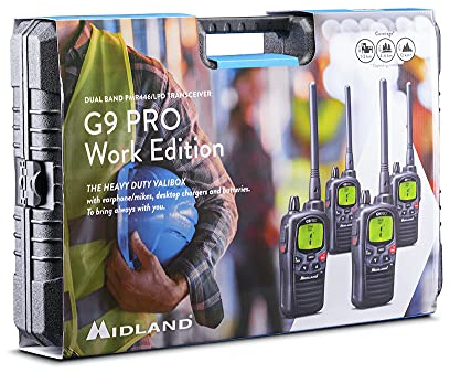 Midland - 4 G9 Pro Work Edition Walkie Talkies, 101 Channels (36 PMR446/69 LPD), Licence-Free Professional Walkie Talkie, 10km Range, IPX4 Waterproof, 18H Battery, Rechargeable Batteries & Accessories