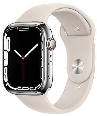 Apple Watch Series 7 (GPS+ Cellular, 45mm) Reloj Inteligente con Caja de Acero Inoxidable en Plata - Correa Deportiva Blanco Estrella - Talla única. Monitor de entreno, Resistencia alagua