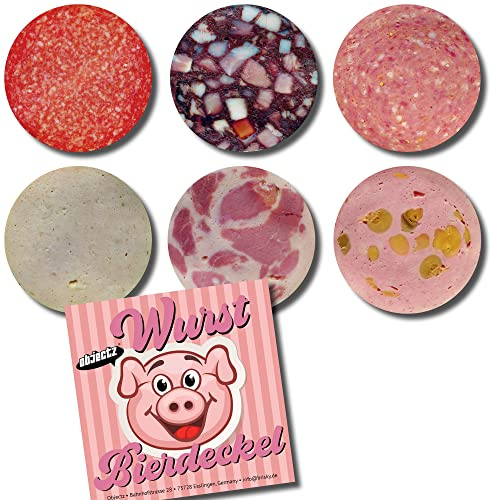 Witzige Wurst Bierdeckel - Set Pappe Getränke Untersetzer Glasuntersetzer - Geschenk für Metzger und Fleischer, Vegetarier und Veganer (6er Wurst)