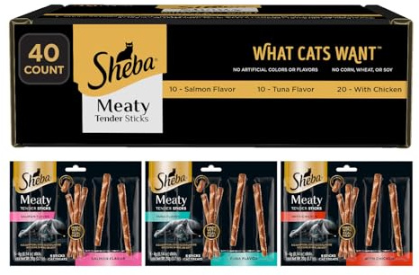 Sheba Meaty Tender Sticks Soft Cat Treats Chicken, Tuna, and Salmon Flavor, 0.14 oz., 40 Sticks