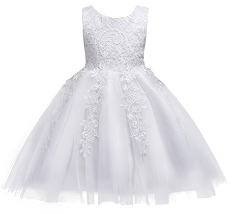 Flower Girl Wedding Dress Elegant Floral Lace Princess Baby Kids Tulle Tutu Sleeveless Round Neck Bow Communion Bridesmaid Party Evening Birthday Christening Short White 3-4 Years