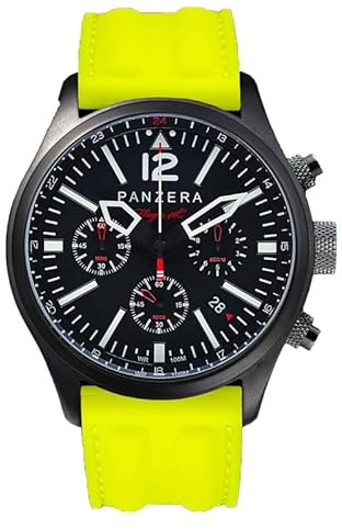 Panzera Flieger 46 Chronograph Quarz Stahl IP Schwarz Gelb Silikon Pilot Rot Datum Herren Uhr