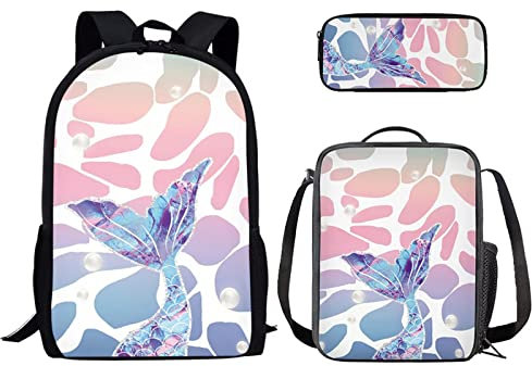 Binienty Rucksack für Jungen und Mädchen, modisches Büchertaschen-Set mit Lunchtasche und Federmäppchen für Grundschul, Kindertaschen, Reise-Rucksack, Mermaid Scale-3, Einheitsgröße