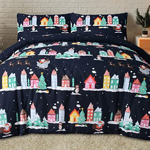 Sleepdown Santa Town Xmas Festive Navy Reversible Duvet Cover Quilt Bedding Set with Pillowcases Soft Easy Care Bed Linen - Double (200cm x 200cm), 5056557512676, Multicolor