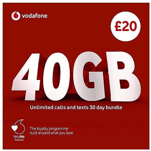 Vodafone SIM Card UK PREPAID PAYG £20 Bundle - 40GB + Unlimited Mins & Texts