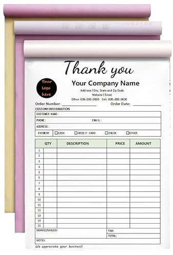 Custom Carbonless Sales Rechnungsformular Bücher für kleine Unternehmen, personalisiertes NCR 3-teiliges Quittungsbuch mit Carbon-Kopien, Cover hinzufügen Firmenname, Adresse und Nummer gedruckt