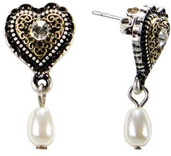 Alpenflüstern Trachten-Ohrstecker Trachtenherz mit Tropfenperle - Damen-Trachtenschmuck, Trachten-Ohrringe mit Strass-Steinen (bi-color-farben) DOR061