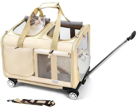 BEAUTYMONKEY.K Katzentransportbox Groß für 2 Katzen mit Rädern – Transportbox Trolley für Zwei Katzen – Ideal für Tierarzt, Autoreisen(55x44x33cm)