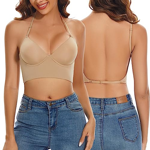 seagallery Soutien-gorge dos nu avec col en V échancré, effet push-up, avec armatures convertibles et bretelles modulables, nude, S