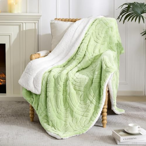 Whale Flotilla Manta Sherpa de Polar para Sofá 130 x 170 cm | Reversible, Ligera, Suave, Manta de Cama de Felpa, Cálida con Patrón Jacquard Decorativo, 4 Estaciones, Verde Claro