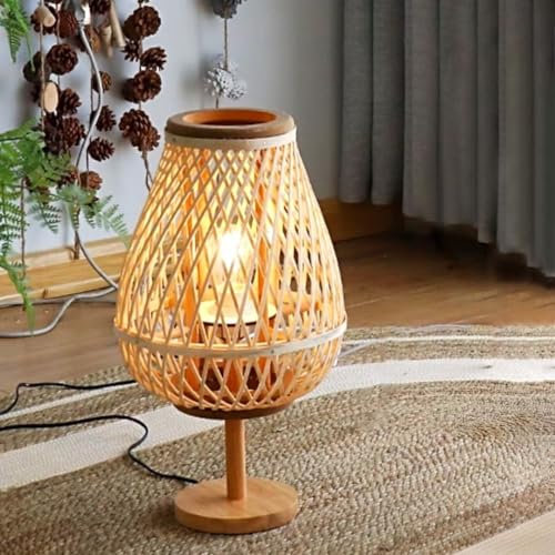 GUANSHAN Handgemachte Rattan Tischlampe Ländlicher Stil Rattan gewebte Lampenschirm Nachtlicht Tisch Beleuchtung Nachttisch Licht Dekorative Tischlampe Für Schlafzimmer, Wohnzimmer