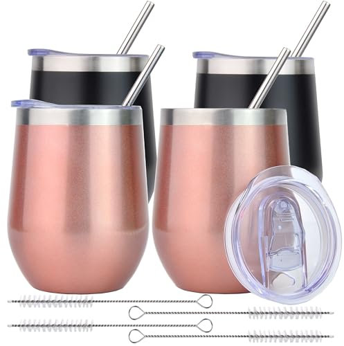 Tucwurl 4 Stück Weinbecher Edelstahl, Weinglas to go, Weihnachts Geschenk für Frauen, Wein Geschenkset mit Deckel, für Kaffee/Champagner/Cocktails/Heißgetränke, 12OZ Roségold *2+Schwarz*2