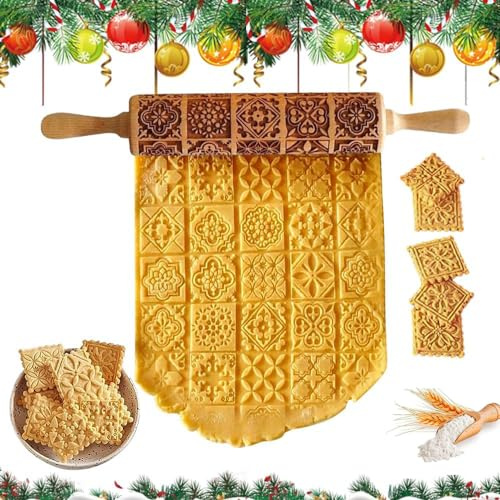 SSyang Teigroller, Nudelholz, Muster Prägerolle Holz Weihnachten Präge, 35 * 4.5 CM 3D Holz Nudelholz Teigroller mit Weihnachten Motiv Muster Blumen, für DIY, Küche, Plätzchen Nach
