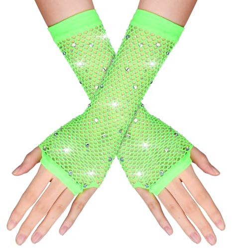 Yolev Guanti Donna a Rete Lunghi Verde Senza Dita con Strass Guanti da Opera di Moda Lucidi per Feste in Costume Anni '80 Forniture per Cosplay di Halloween