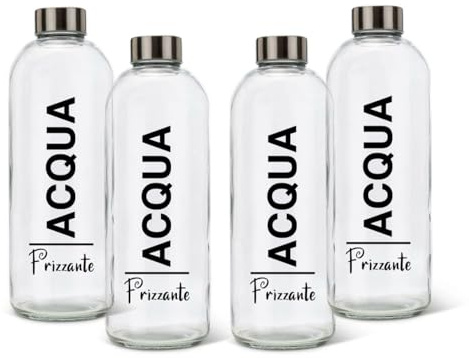 BrandPrint Set di 4 Bottiglie in Vetro Modello EOS, 1 Litro, Serigrafia 4 Frizzante, Tappo a Vite in Acciaio Inox | Bottiglia Vetro Acqua