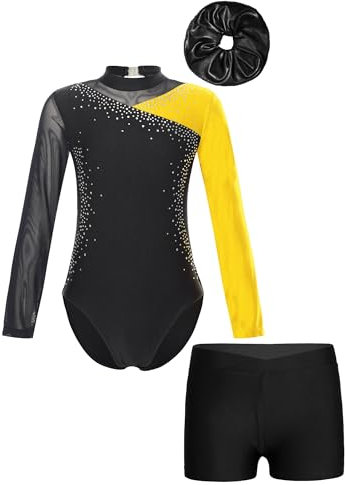 FEESHOW Kinder Turnanzug Mit Hose Mädchen Turntrikot Langarm Gymnastik Body Shorts Haargummi Set Ballett Tanzoutfit Trainingsanzüge Gelb&Haargummi 122-128