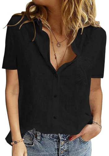 PASUDA Camicia Donna Estiva Camicetta da Donna Manica Corta Cotone Elegante Blusa Maglietta Scollo a V Top con Bottoni Moda Casual T Shirt Tinta Unita Classico Maglia Tees (Nero, L)