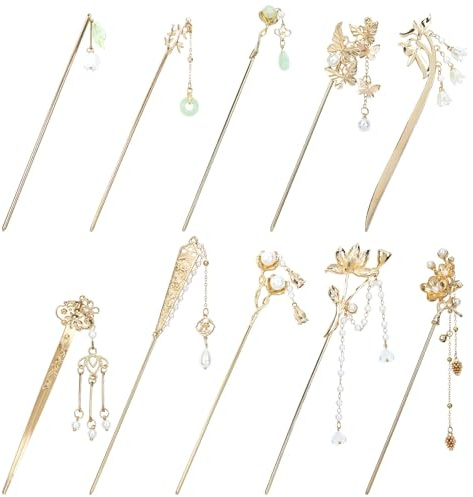 Yoosit 10 Pack Retro Gold Metal Long Hair Sticks Pins with Pearl Jade Dangles Tassels Pendants Chinese Hanfu Asian Flower Butterfly Hair Chopsticks Hair Picks Bun Forks Holders Hairpins for Women Girl
