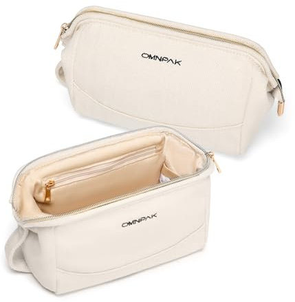 Omnpak Kosmetiktasche,schminktasche klein,Make up Tasche,tägliche Kosmetiktasche Damen,Baumwolle Kosmetiktasche für Handtasche, Life Makeup Bag, Beige