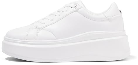 LUCKY STEP Damen Plateau Sneaker, Modische Turnschuhe, Klassische Low-Top Freizeitschuhe, Kunstleder, Bequeme Alltagsschuhe (Weiß, 7US-37EU-4UK)