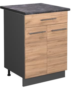 Vicco Küchenunterschrank Fame-Line, Goldkraft Eiche, 60 cm | Metall-Vollauszüge · AP Anthrazit inkl. · Höhenverstellbare Füße · Metallgriffe · Soft-Close