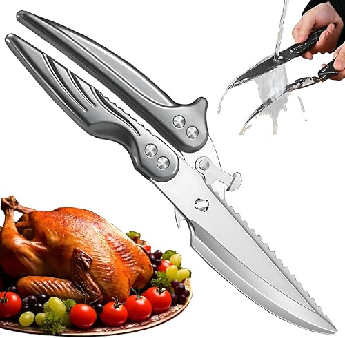 Abnehmbare Geflügelschere, Hochleistungs-Edelstahl-Küchenschere, Mehrzweck-Küchenschere mit Federmechanismus, Universell Einsetzbar für Gemüse, Huhn, Fleisch, Fisch (26 Cm, Grau)