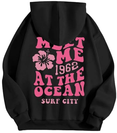 HUIFUAO Huvtröja för kvinnor, överdimensionerad tröja för kvinnor, Meet Me 1962 At The Ocean Surf City, tryckt pullover, topp, Svart, S