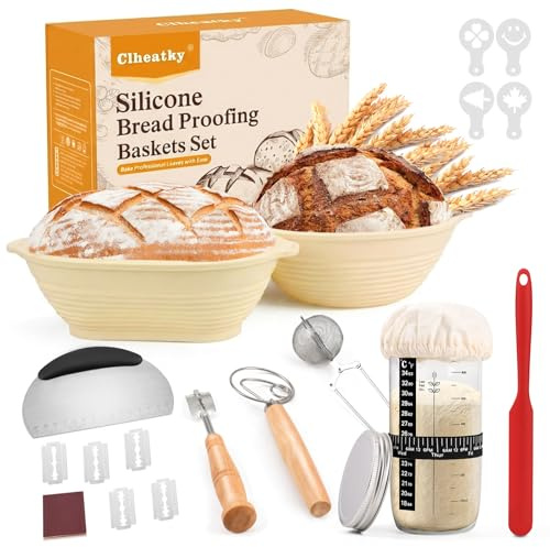 Clheatky Cestino Lievitazione Pane Set Da 2, 25cm Rotondo e Ovale Cesto Lievitazione Pan in Silicone, Utensili Completi per la Preparazione del Pane per Panettieri Professionisti e Casalingh