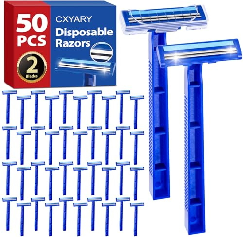 CXYARY 50 Pcs Disposable Razors With Lubricating Strip, 2 Blade Razors with Clear Safety Cap, Disposable Razors Bulk for Men Women, Multipurpose Portable Shave Razor for Bathing Hotel Travel, Blue