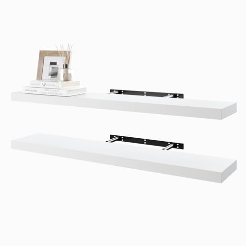 BAMEOS Schwebregale, 80cm Breite Weiße Wandmontierte Holzregale mit unsichtbaren Klammern - Set von 2, Wanddeko-Deko für Schlafzimmer, Bad, Wohnzimmer und Küche