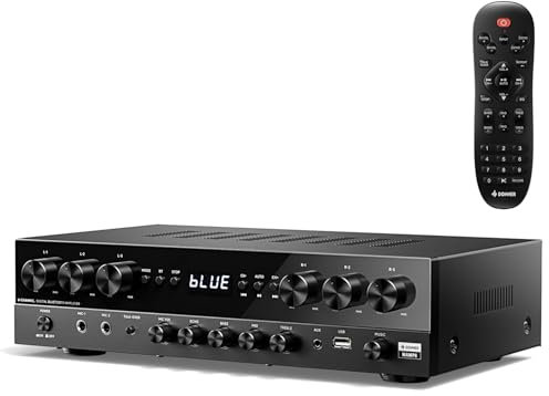 Donner Stereo Verstärker, 6-Kanal Verstärker mit 1000 W Maximalleistung und Bluetooth 5.3, USB, FM, 2 Mikrofoneingängen, Cinch, Glasfaser/Koaxial Eingang für Heim, Karaoke und Kinolautsprecher, MAMP6