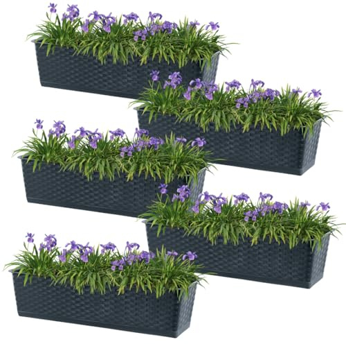 DTU24 5er Set Balkontopf mit Untersatz, Pflanzkasten, Balkonkasten mit Wasser Öffnungen, Blumenkasten für Rosen, Oleander, Rattan Imitation (5 Stück, 50 cm, Anthrazit)