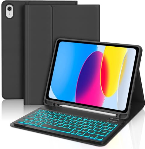 Funda con Teclado para iPad A16 11/10 Generación 2025/2022 11/10.9 Pulgada | QWERTY Español Ñ, Retroiluminado de 7 Colores Bluetooth Desmontable Teclado con Funda Delgada para iPad 11/10 Gen, Negro