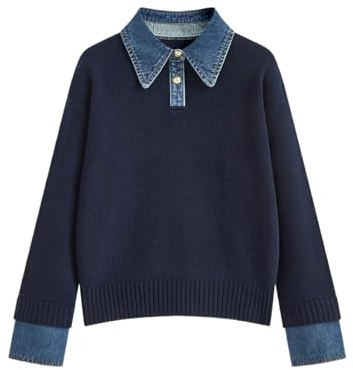 BQDCQB Womens Fall Oversized Long Sleeve Sweaters 2 in 1 Denim Panel Lapel Sweater Polo Knit Sweater Tops, Navyblue, L