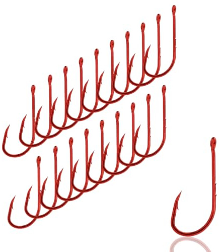 AMZfishing® 20x lasergeschärfte rote Wurmhaken in 10 Größen | Aalhaken | Haken Wurm | Angeln Aal | Angelhaken Würmer | Angeln Haken scharf | Angelhaken für Tauwurm (20, h: 6)