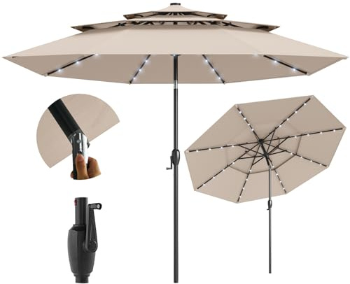 SPOTRAVEL 3M 3-Tier Garden Parasol, Outdoor Patio Umbrella with LED Solar Lights, 8 Heavy Duty Ribs & Crank Handle, Extra Large Table Parasol for Market Poolside Yard (Beige)